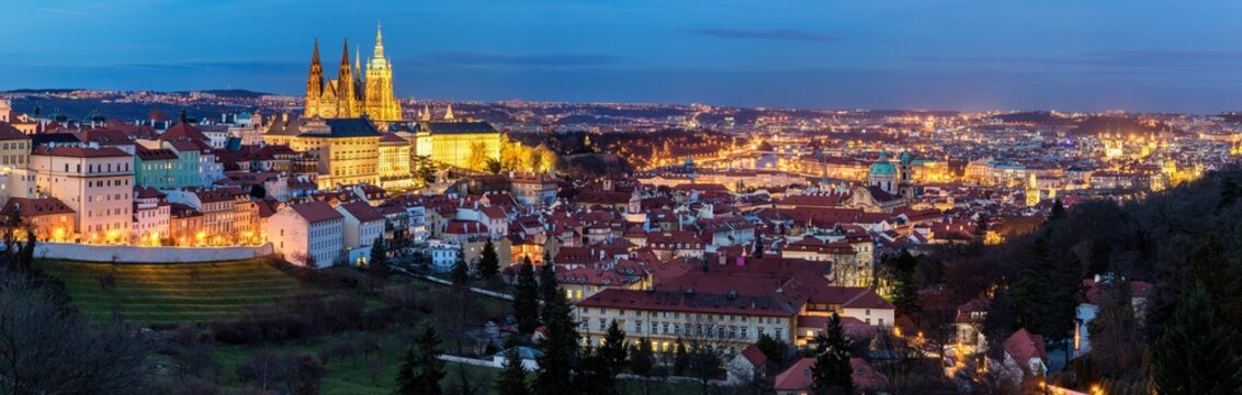 Panorama of Prague from Petrin hill. Concept of Europe travel, sightseeing and tourism. Czech Republic.