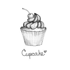 Hand drawn cupcake with cherry