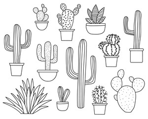 Set of hand drawn cactus plants in a cartoon style including agave, aloe vera and cacti in pots. Line art with no fill.