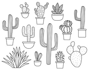 Set of hand drawn cactus plants in a cartoon style including agave, aloe vera and cacti in pots. Line art with no fill. © ChickenDoodleDesigns