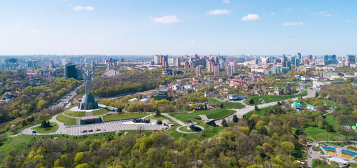 Panoramic view of the city of Kiev. Mother Land and Park of Glory view. Aerial view, from above. Outdoor.