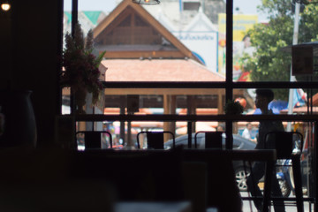 Abstract silhouette contrast people and coffee shop front side 