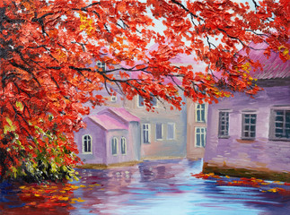Fototapeta premium Oil painting, colorful autumn trees, impressionism art