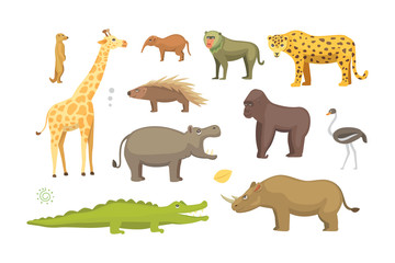 African animals cartoon vector set. safari isolated illustration.