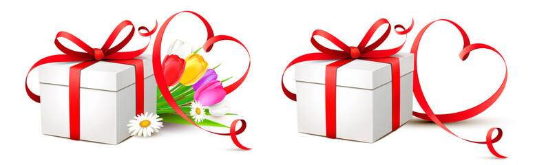 Geschenkbox mit roter Herzform Schleife und Blumen - Set