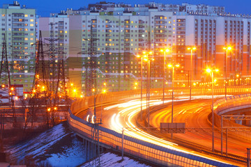 Night city. Automobile traffic. St. Petersburg. Russia. Bypass road.