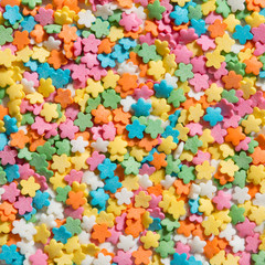 Fototapeta na wymiar Pile of colorful flower sprinkles for cupcakes and ice-cream. Top view, overhead