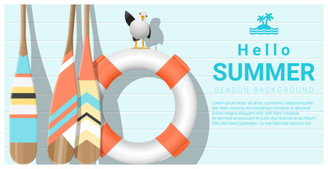 Naklejka premium Hello summer background with lifebuoy and canoe paddle , vector , illustration