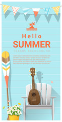 Obraz premium Hello summer background with ukulele on white chair and canoe paddle , vector , illustration