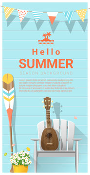 Hello summer background with ukulele on white chair and canoe paddle , vector , illustration