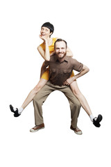 Rock'n'roll dance boogie woogie. Boogie acrobatic stunt in a studio background. Dance for rock-n-roll music.