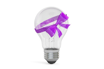 Lightbulb with purple bow and ribbon, gift concept. 3D rendering