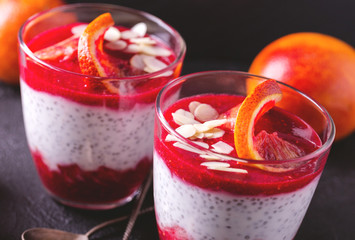 Chia pudding with fresh bloody orange and jam
