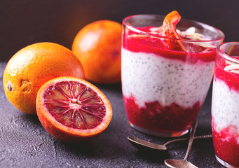 Chia pudding with fresh bloody orange and jam
