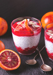 Chia pudding with fresh bloody orange and jam