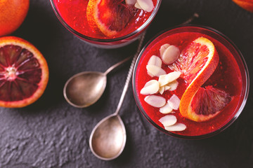 Chia pudding with fresh bloody orange and jam