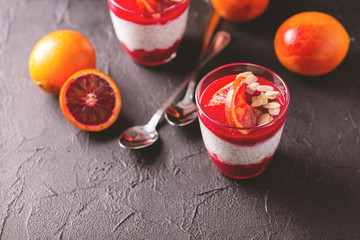 Chia pudding with fresh bloody orange and jam