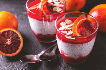 Chia pudding with fresh bloody orange and jam