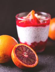 Chia pudding with fresh bloody orange and jam
