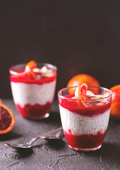 Chia pudding with fresh bloody orange and jam