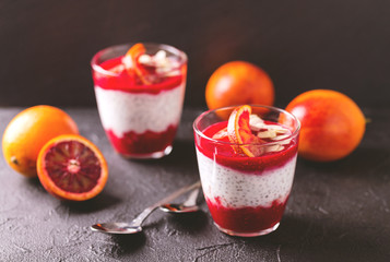 Chia pudding with fresh bloody orange and jam