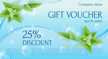 Gift voucher. Gift Certificate. Gift card. Coupon template. Background for shop, beauty salon, spa and invitation. Mint leaves among the bubbles in the water. Vertical