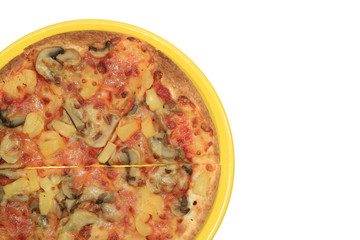 Top view of veggie pizza on a yellow plate isolated on white background 