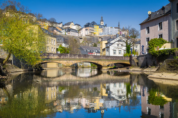 Fototapeta na wymiar Historic city center of Luxembourg City with Alzette river in summer, Luxembourg