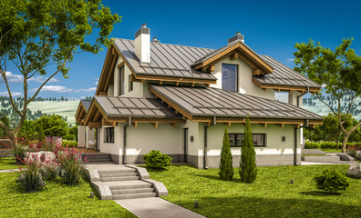 Fototapeta na wymiar 3d rendering of modern cozy house in chalet style