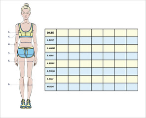 Measurement chart of body parameters for sport and diet effect tracking. Blank weight loss table layout. Chest, waist, hips, arms, thighs measurements recording. Vector illustration.