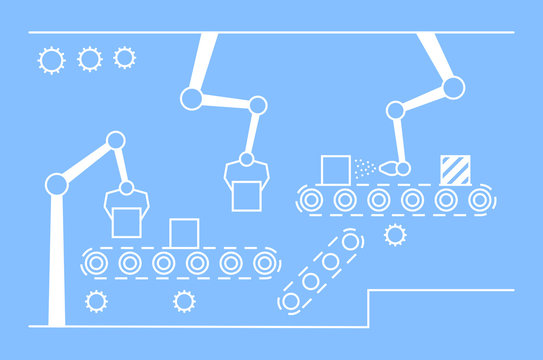 Thin line style assembly line. Automatic production conveyor. Robotic industry concept. Vector illustration.