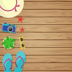 Obraz na płótnie Canvas Summer accessories on a wooden table. Vector.