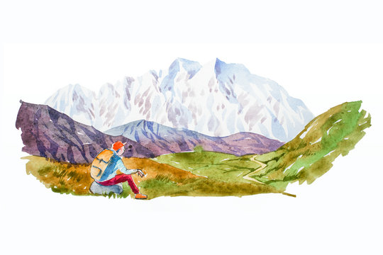 Traveler and mountain panorama with lake watercolor illustration.