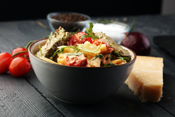 Whole Wheat Pasta Salad with Fresh Arugula, Mozzarella, Roasted Red Bell Peppers and Pesto Sauce
