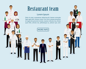 Restaurant team. Group of manager, chef, waiters, cook, bartenders standing together. Food service staff website banner.