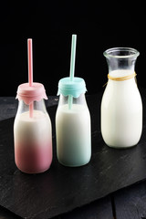 milk products - tasty healthy dairy products on a table on: and