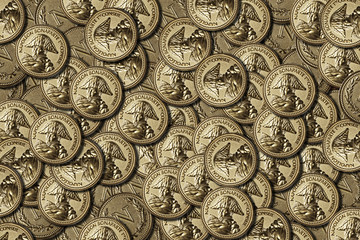Lots of golden coins background. Virtual french currency. Virtual french franc