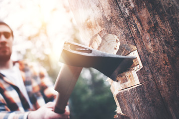 Strong lumberjack in a plaid shirt and hat with an ax in his hand chopping a tree in the woods