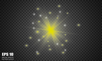 Radiance light yellow star on a transparent background. Stars and sparks fly.