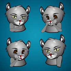 Set of cats with different facial expressions, Kitten grey with big eyes. Illustration of cartoon.