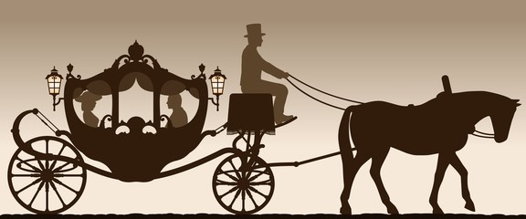 Silhouette of a carriage. Silhouette of a carriage with the coachman. Four-wheel carriage. Vector illustration.
