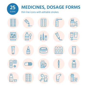 Medicines, dosage forms line icons. Pharmacy medicaments, tablet, capsules, pills antibiotic, vitamin, painkiller, aerosol spray. Medical threatment health care thin signs in circles for drug store.