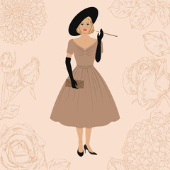Elegant woman dressed in New look style. 1950s fashion. Smoking Lady. Floral background. Retro hollywood style.