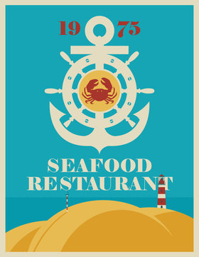 vector banner for a seafood restaurant with an anchor, ship steering wheel and crab with sea view and a lighthouse