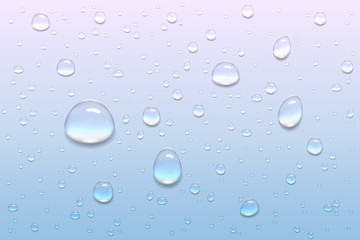 Realistic, transparent drops on a smooth surface or glass. Can be used with a different background. Vector illustration