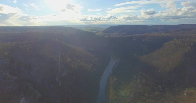 Ural forest, rock, mountain and river. Aerial view