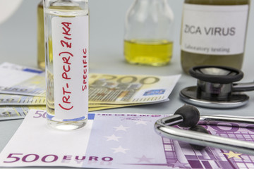 Tests for Research of ZIKA test and vials on tickets of euro, concept of pharmaceutical copayment