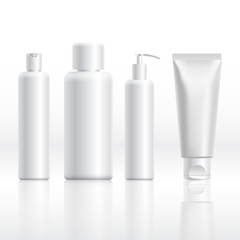 Realistic cosmetic bottle mock up set isolated pack on white background. Cosmetic brand template. Shampoo pack.