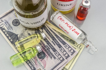 Tests for Research of ZIKA test and vials on tickets of dollar Americans, concept of pharmaceutical copayment