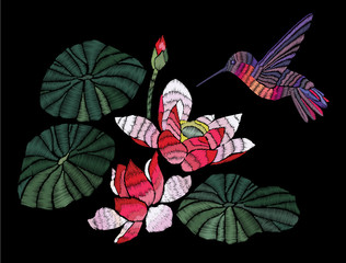 Embroidered hummingbird and lily flowers. Lotus,and bird on a black background for embroidery, patches and stickers. Vector Illustration.